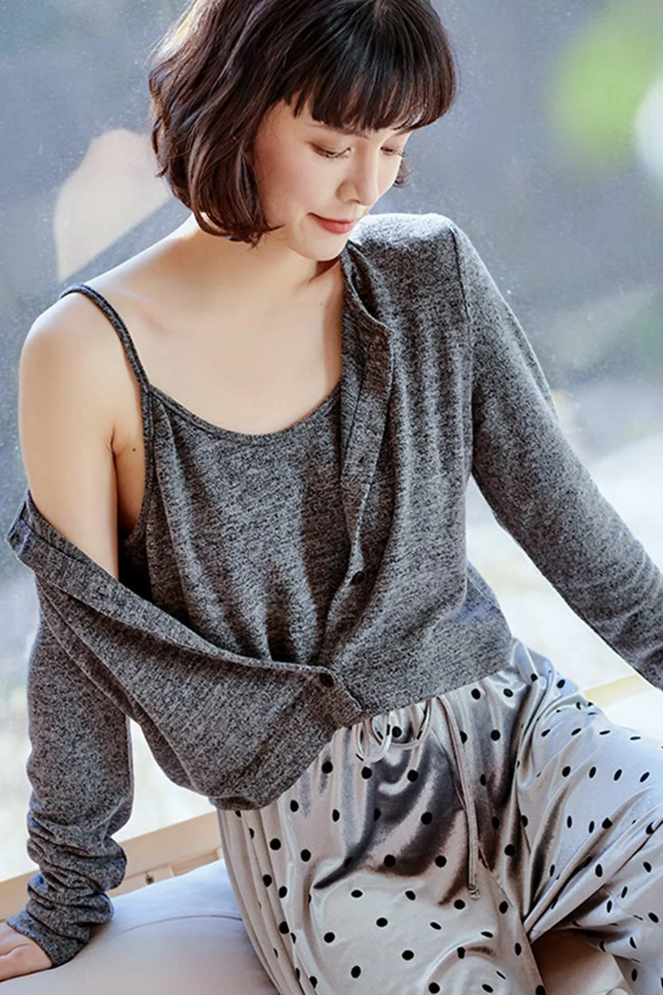 Cardigan Vest Velvet Polka Dots Long Pants Loungwear Suit