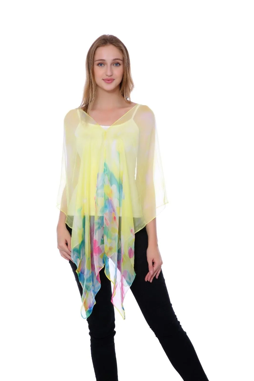 Casaba Womens Floral Sheer Poncho Top Kimono Cover Up-Chiffon Feel Light Wrap