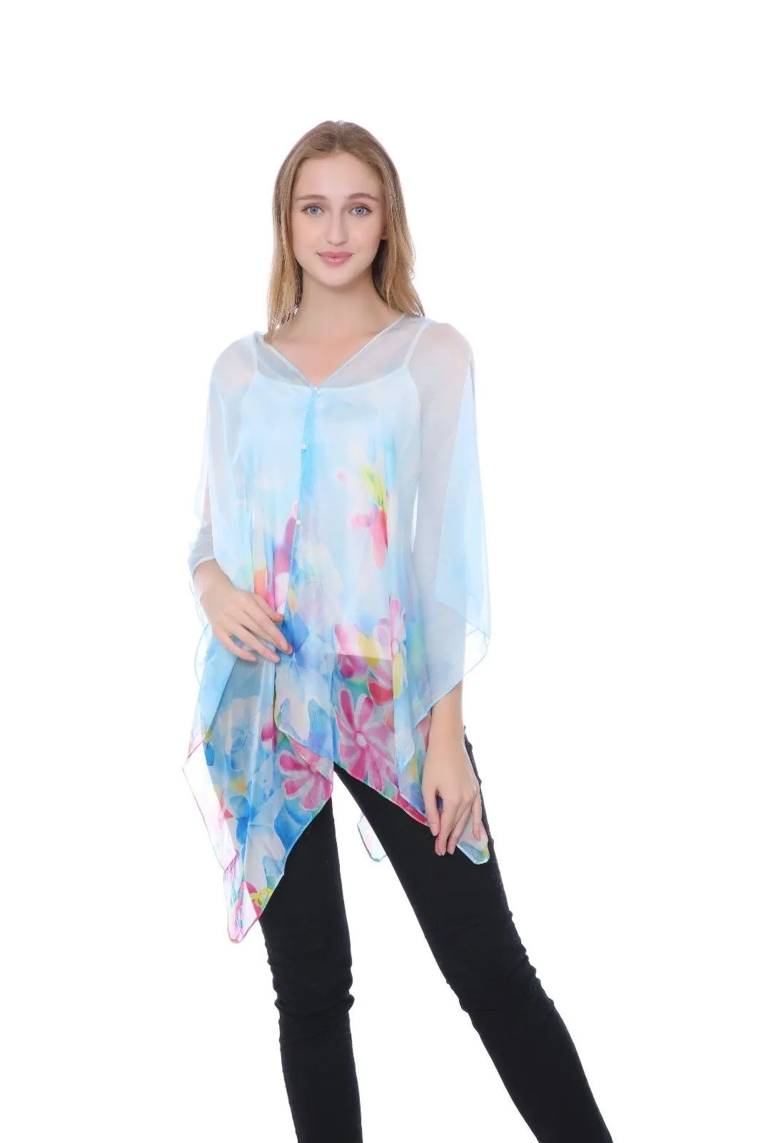 Casaba Womens Floral Sheer Poncho Top Kimono Cover Up-Chiffon Feel Light Wrap