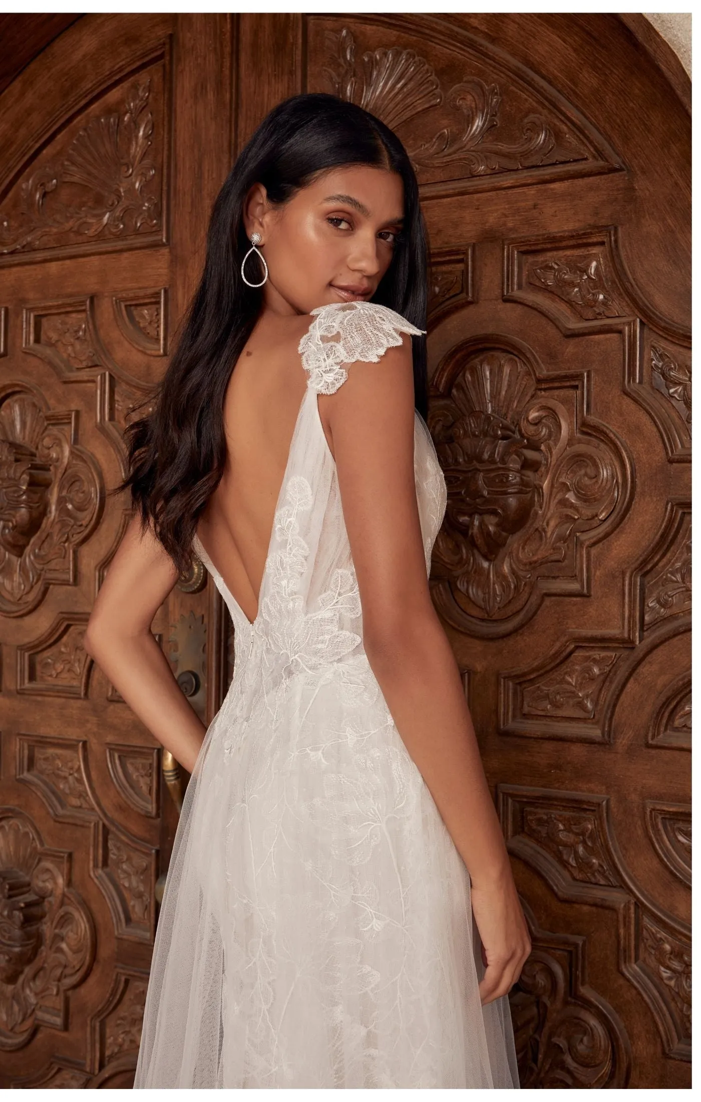 Casablanca Beloved BL436 Cayenne A-Line Detachable Off Shoulder Cap Sleeves Spaghetti Strap Semi-Illusion Bodice Vertical Pleated Tulle Floral Lace Wedding Gown