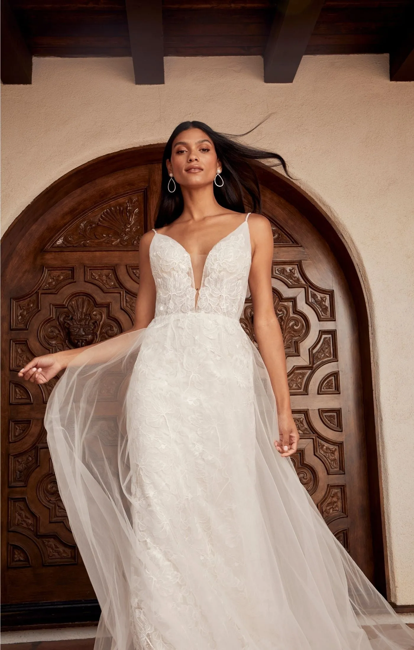 Casablanca Beloved BL436 Cayenne A-Line Detachable Off Shoulder Cap Sleeves Spaghetti Strap Semi-Illusion Bodice Vertical Pleated Tulle Floral Lace Wedding Gown