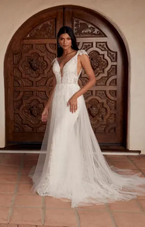 Casablanca Beloved BL436 Cayenne A-Line Detachable Off Shoulder Cap Sleeves Spaghetti Strap Semi-Illusion Bodice Vertical Pleated Tulle Floral Lace Wedding Gown