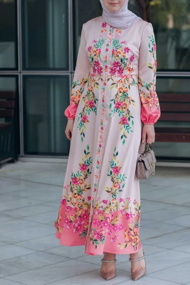 Cemile floral print maxi dress with long sleeve and front button fastening