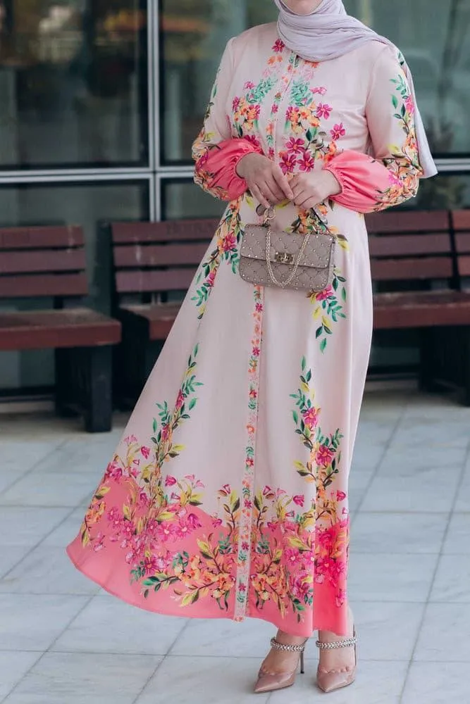 Cemile floral print maxi dress with long sleeve and front button fastening