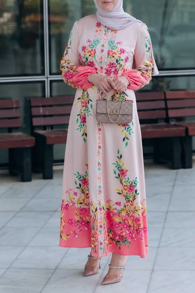 Cemile floral print maxi dress with long sleeve and front button fastening