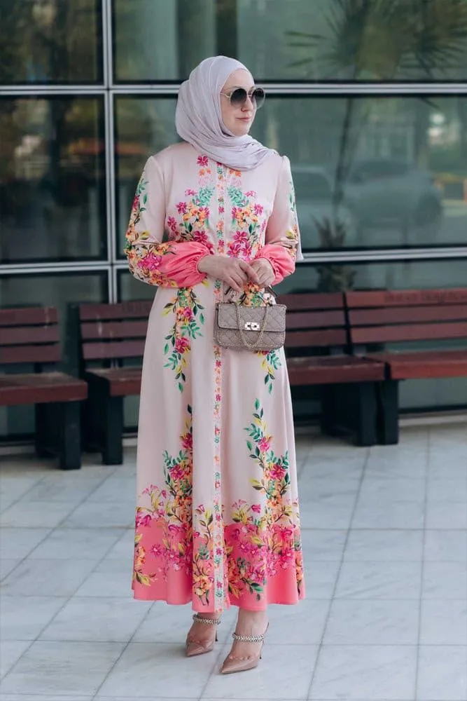 Cemile floral print maxi dress with long sleeve and front button fastening