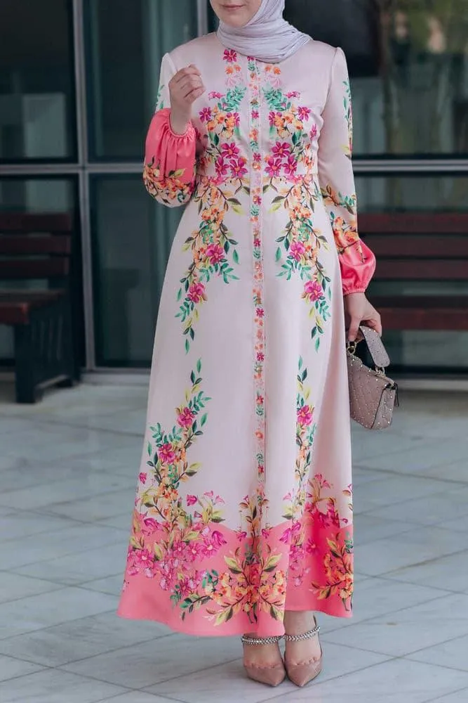 Cemile floral print maxi dress with long sleeve and front button fastening