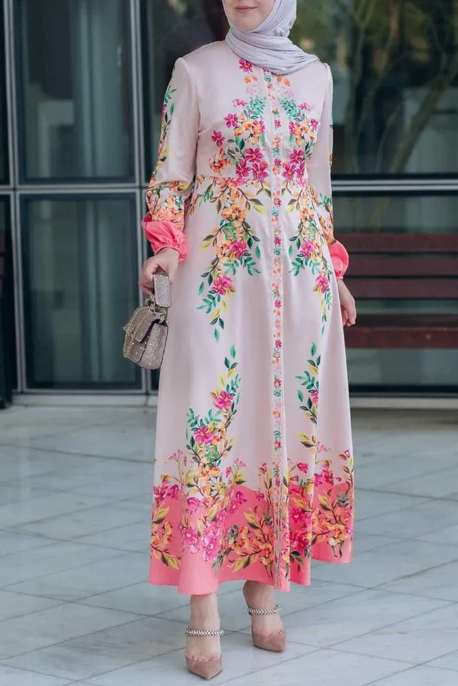 Cemile floral print maxi dress with long sleeve and front button fastening