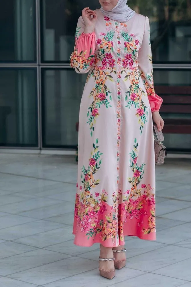 Cemile floral print maxi dress with long sleeve and front button fastening