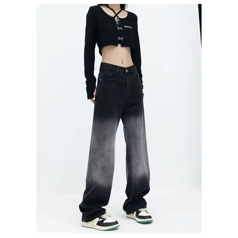 Chic Harajuku Style Washed Out Natural Dark-Colored Zipper Jeans