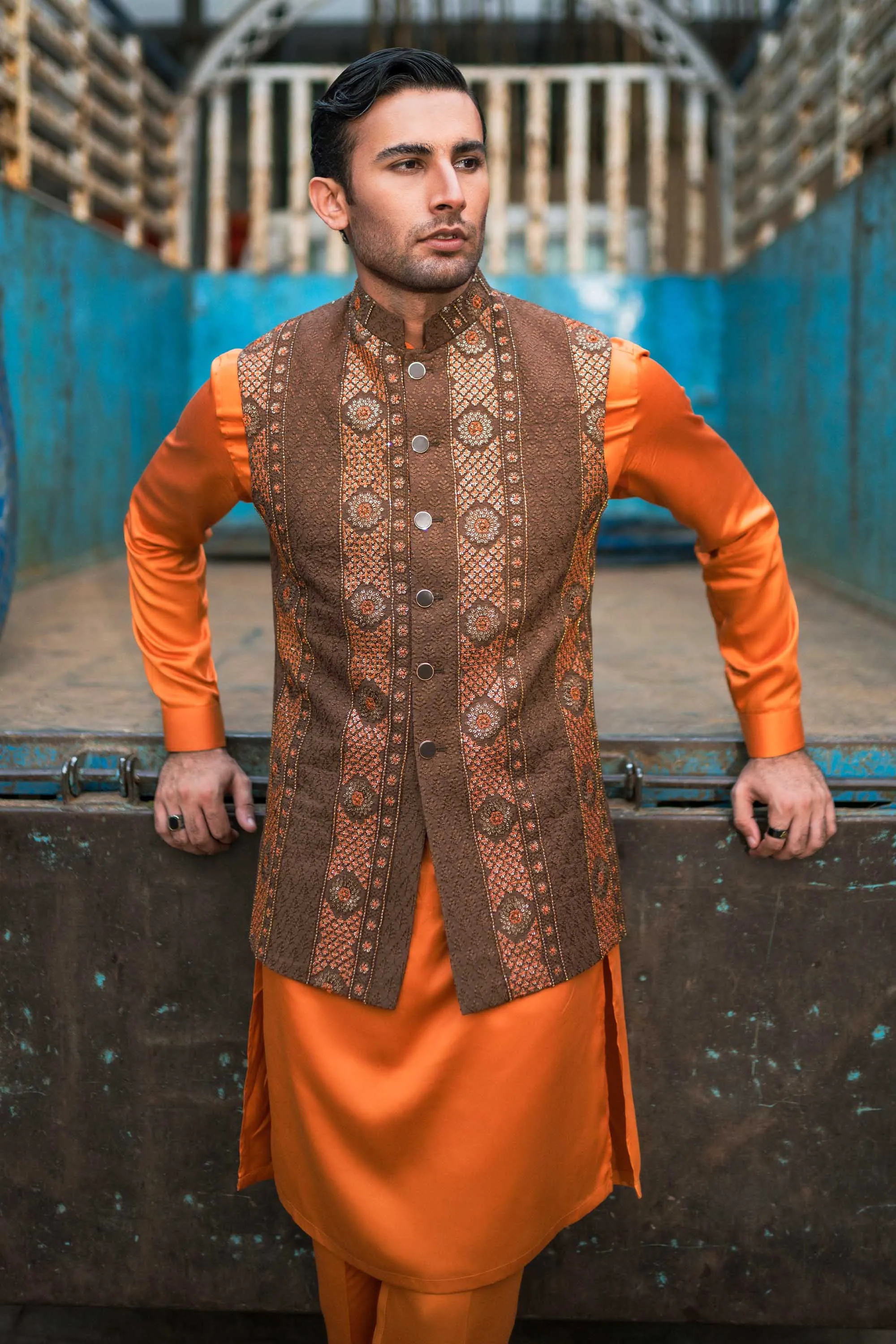 Chocolate Brown Embellished Waistcoat Kurta Set