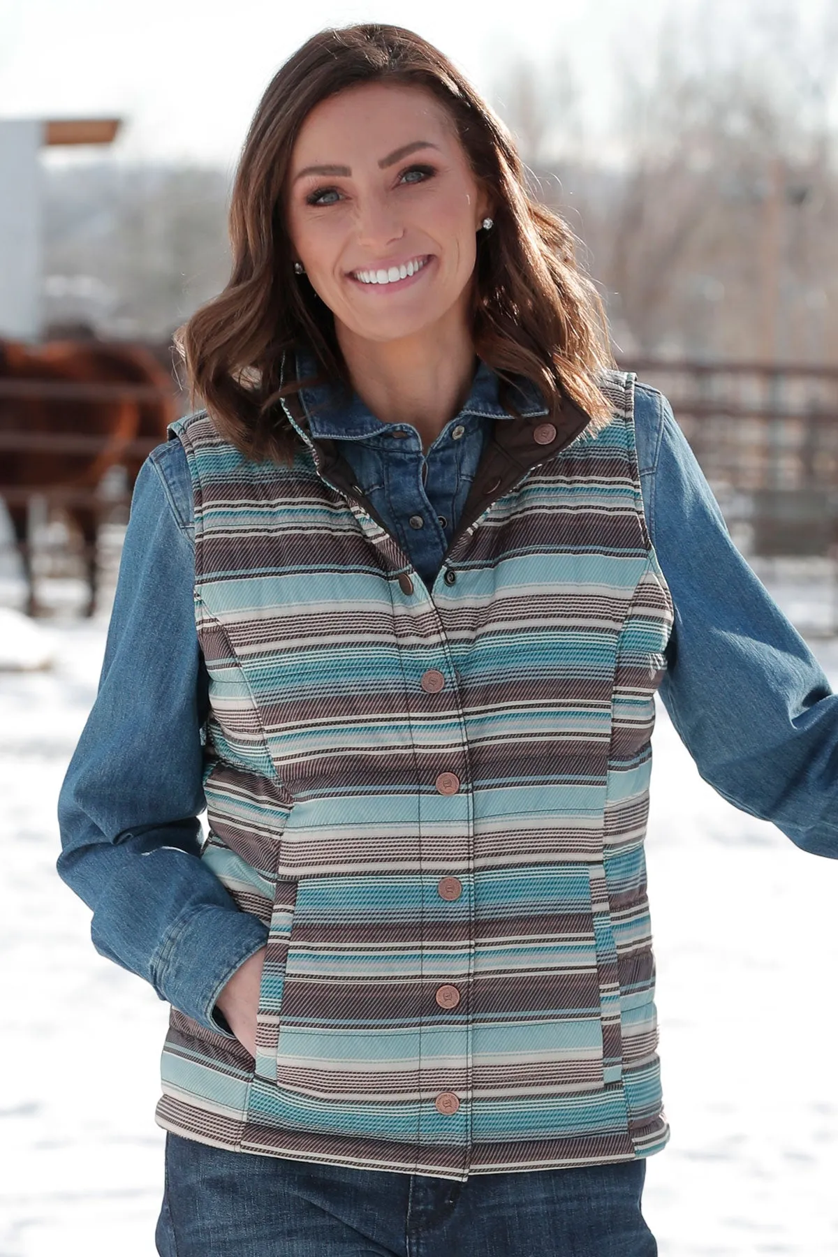 Cinch Ladies Turquoise/Brown Stripe Reversible Quilted Vest