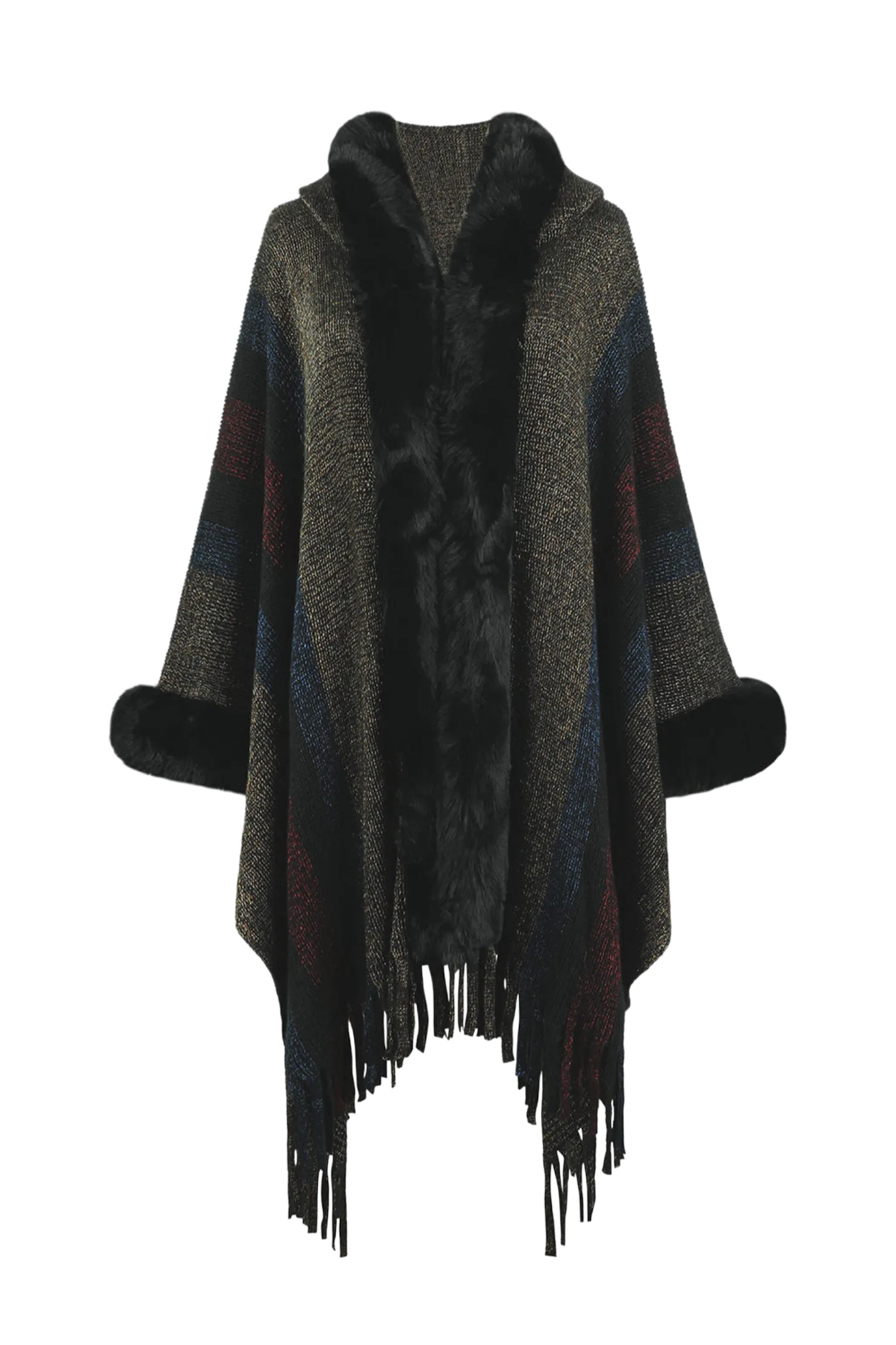 Color Block Fringe Detail Poncho