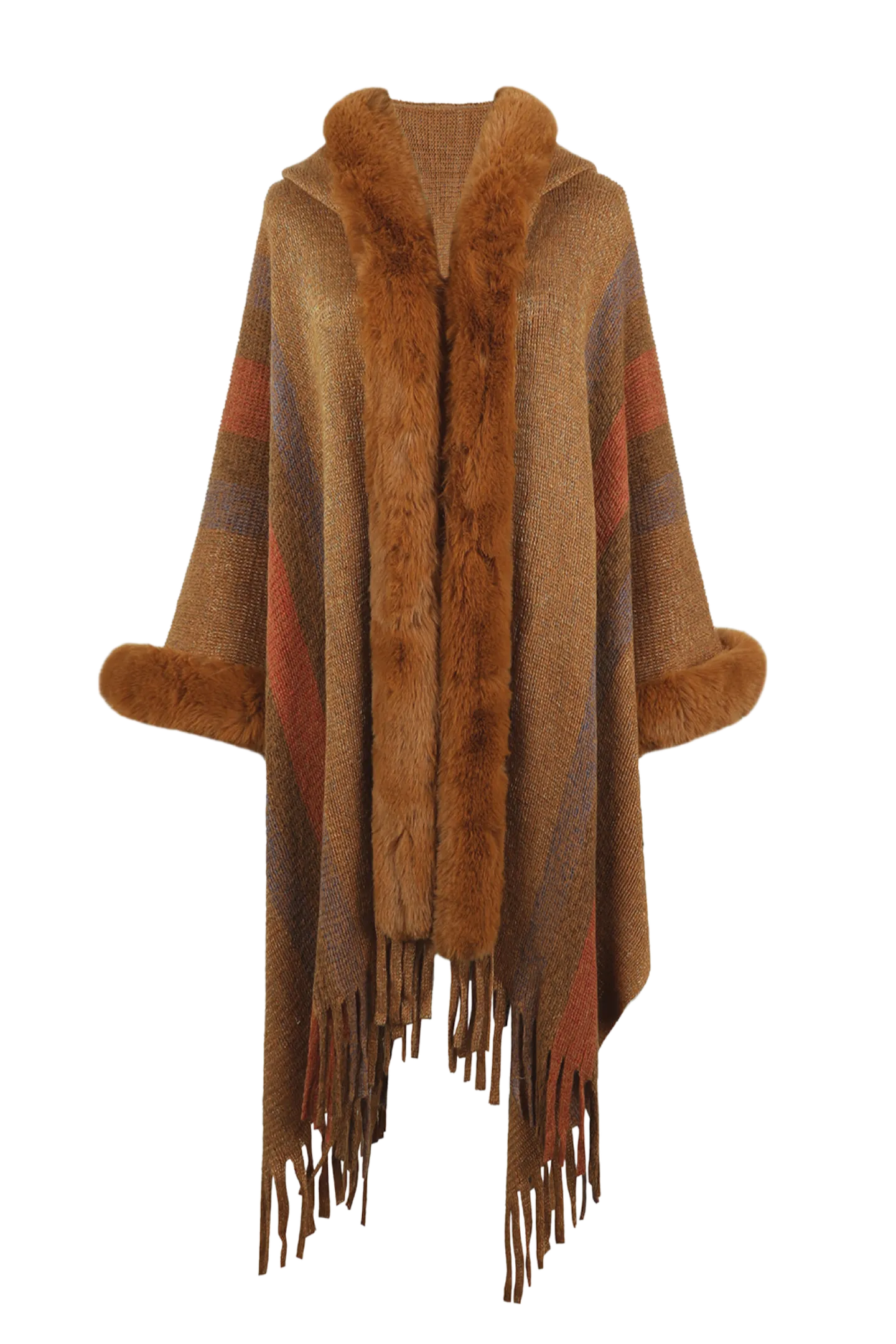 Color Block Fringe Detail Poncho