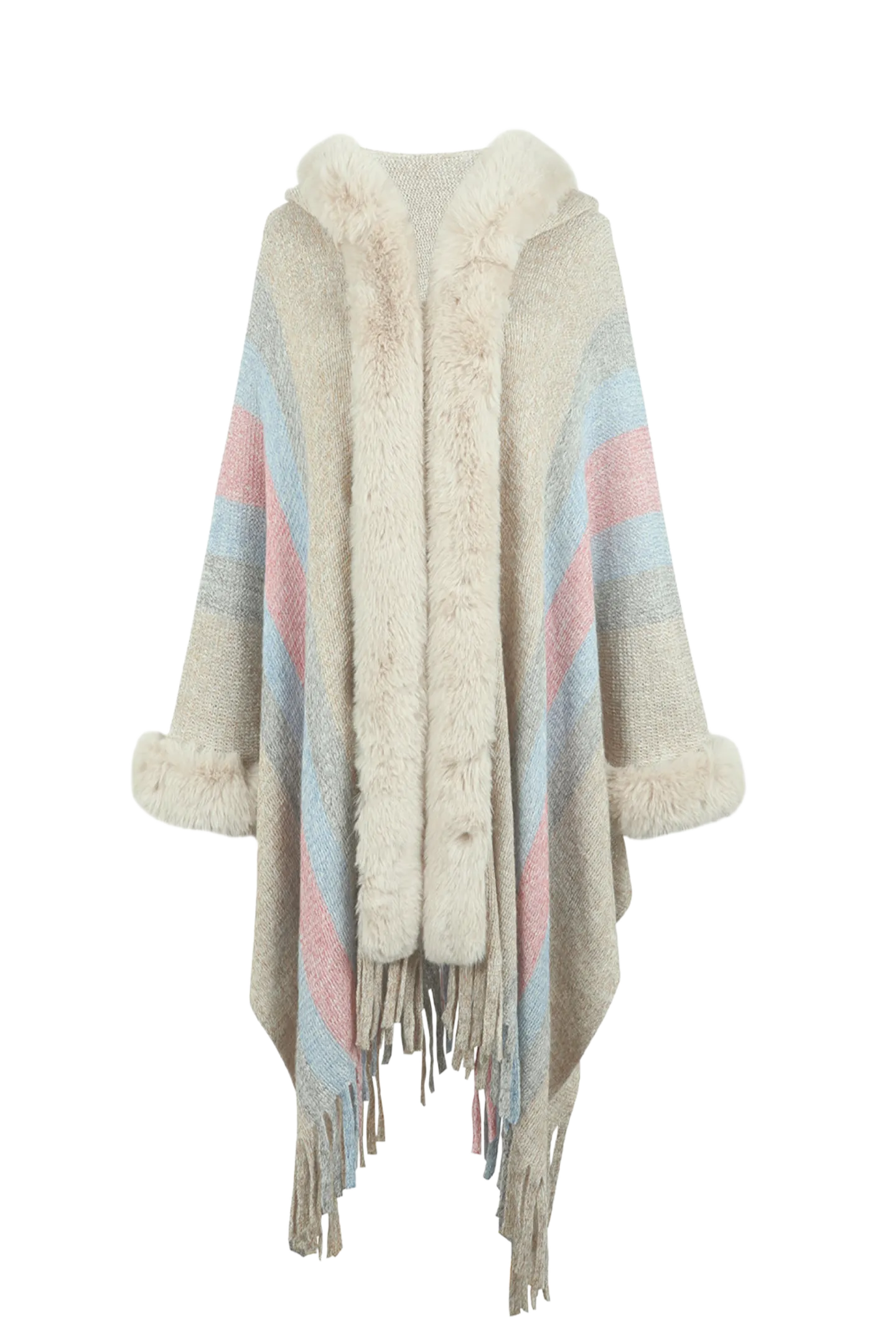 Color Block Fringe Detail Poncho