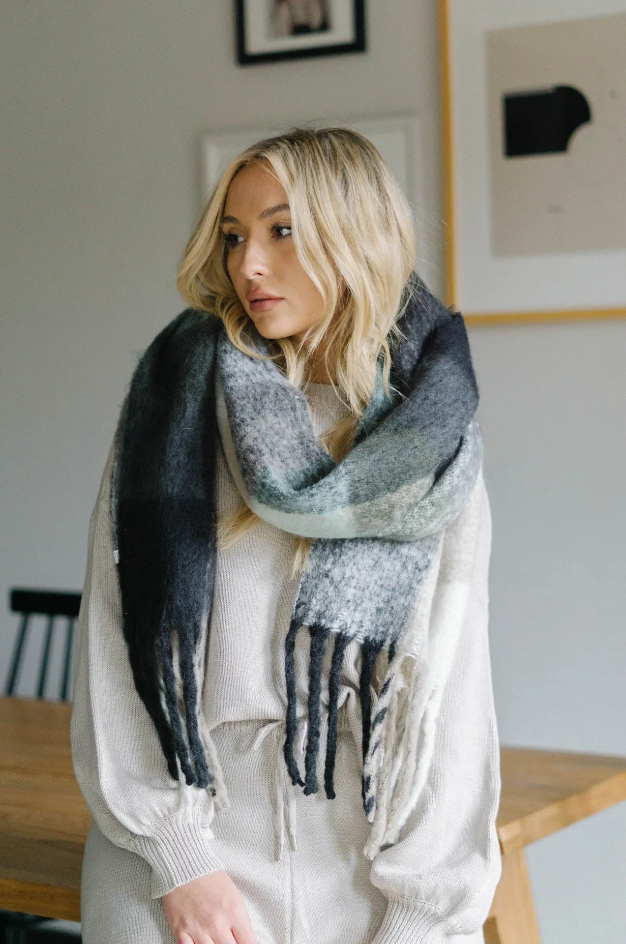 Cozy Feels Multicolor Fringe Scarf - Grey/Teal