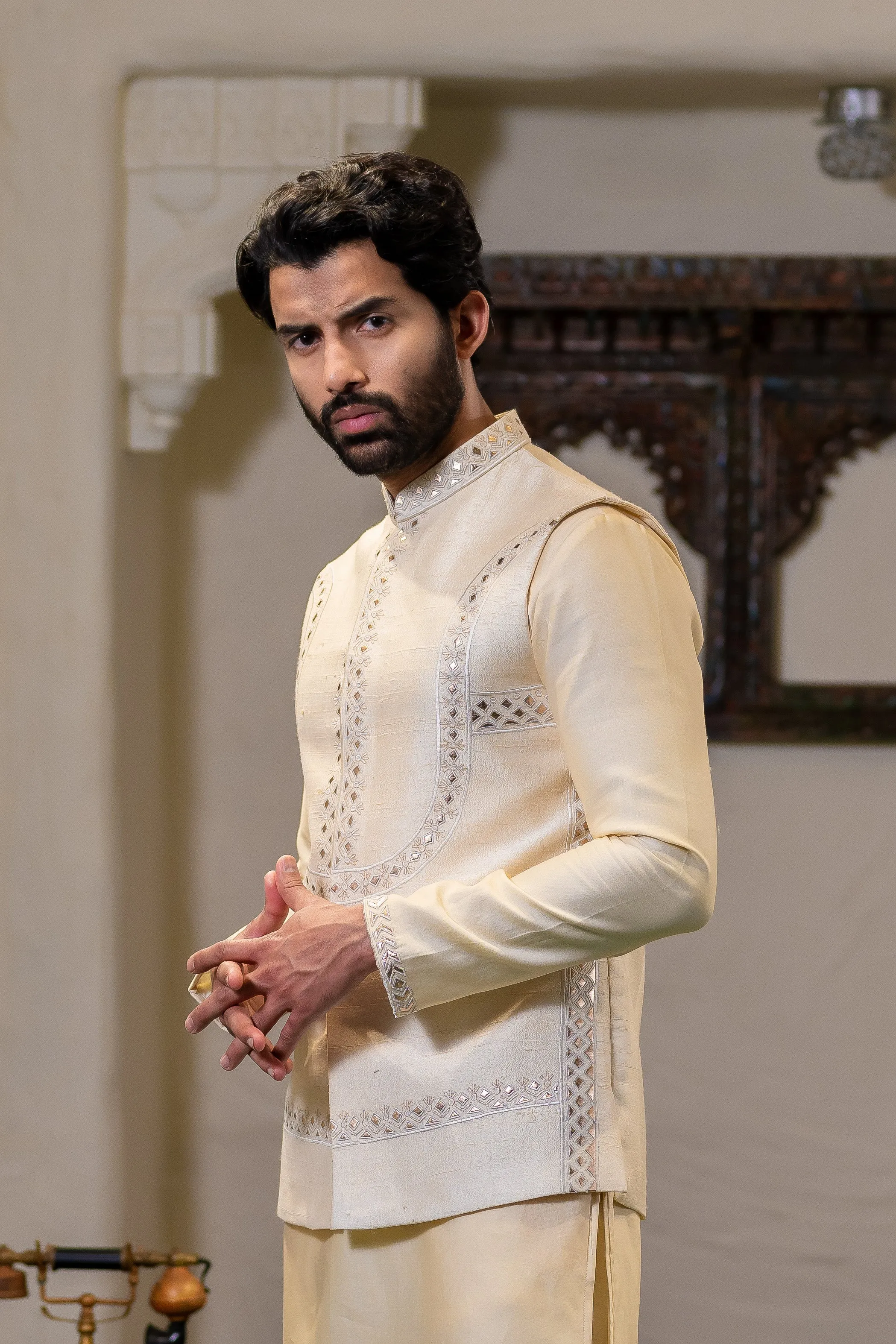 Cream Raw Silk Leather Work Kurta Set With Nehru Jacket