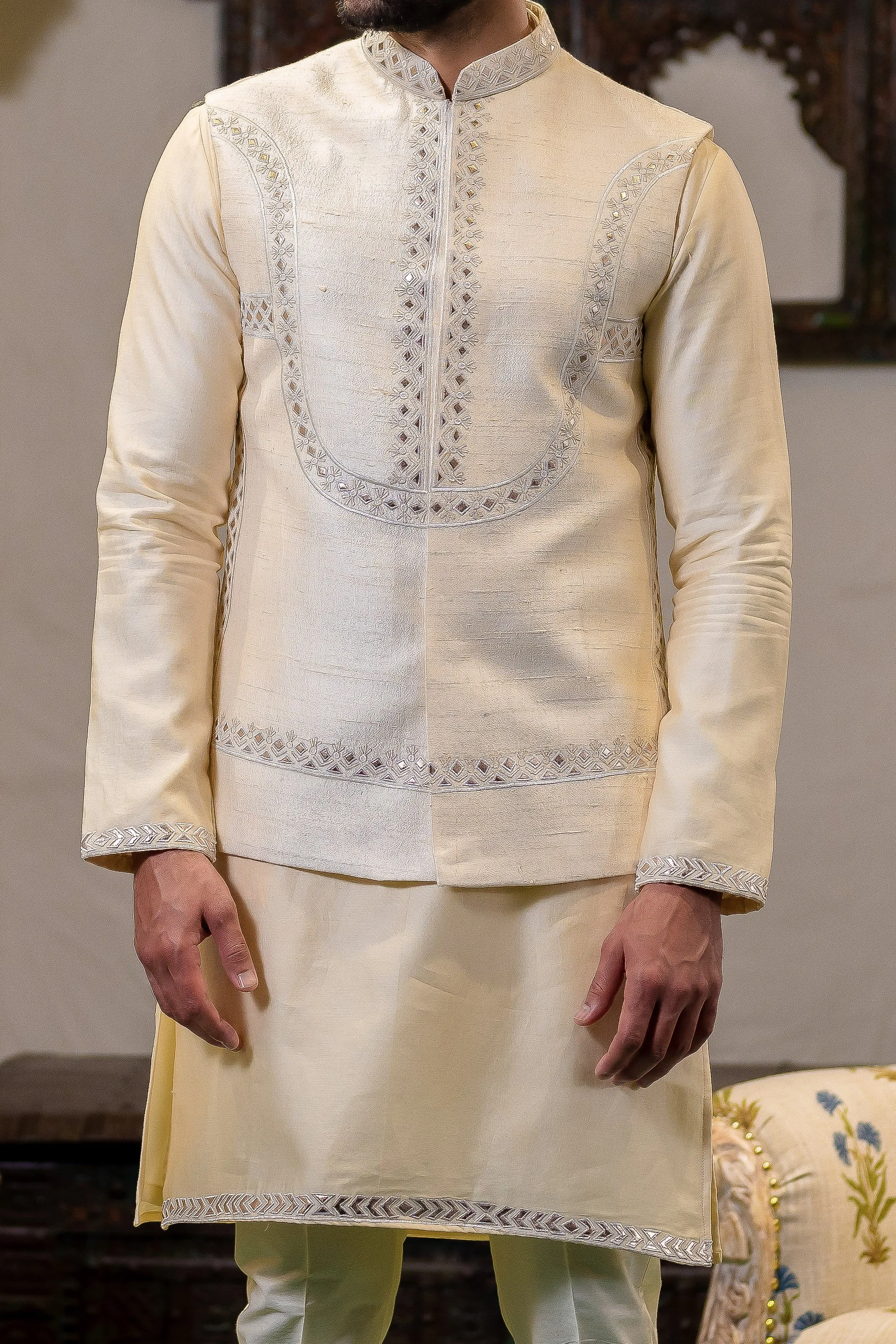 Cream Raw Silk Leather Work Kurta Set With Nehru Jacket