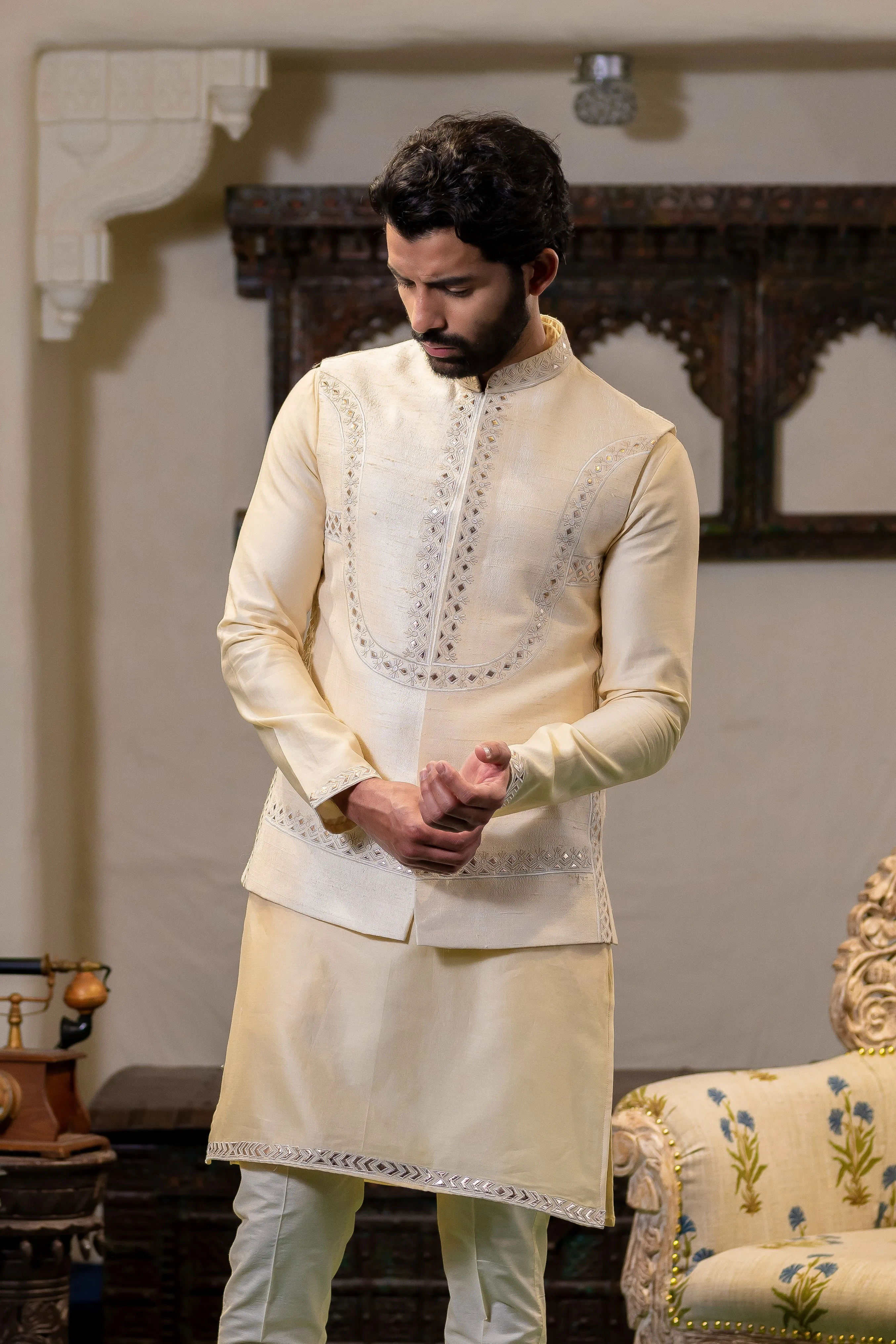 Cream Raw Silk Leather Work Kurta Set With Nehru Jacket