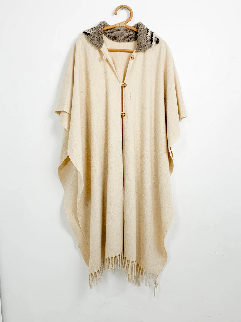 Cream Wool Poncho With Crochet Collar