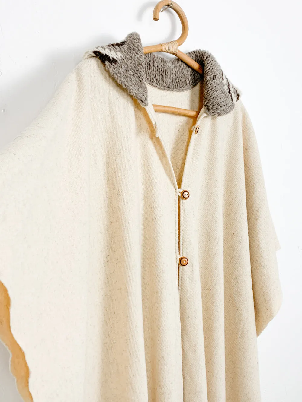 Cream Wool Poncho With Crochet Collar