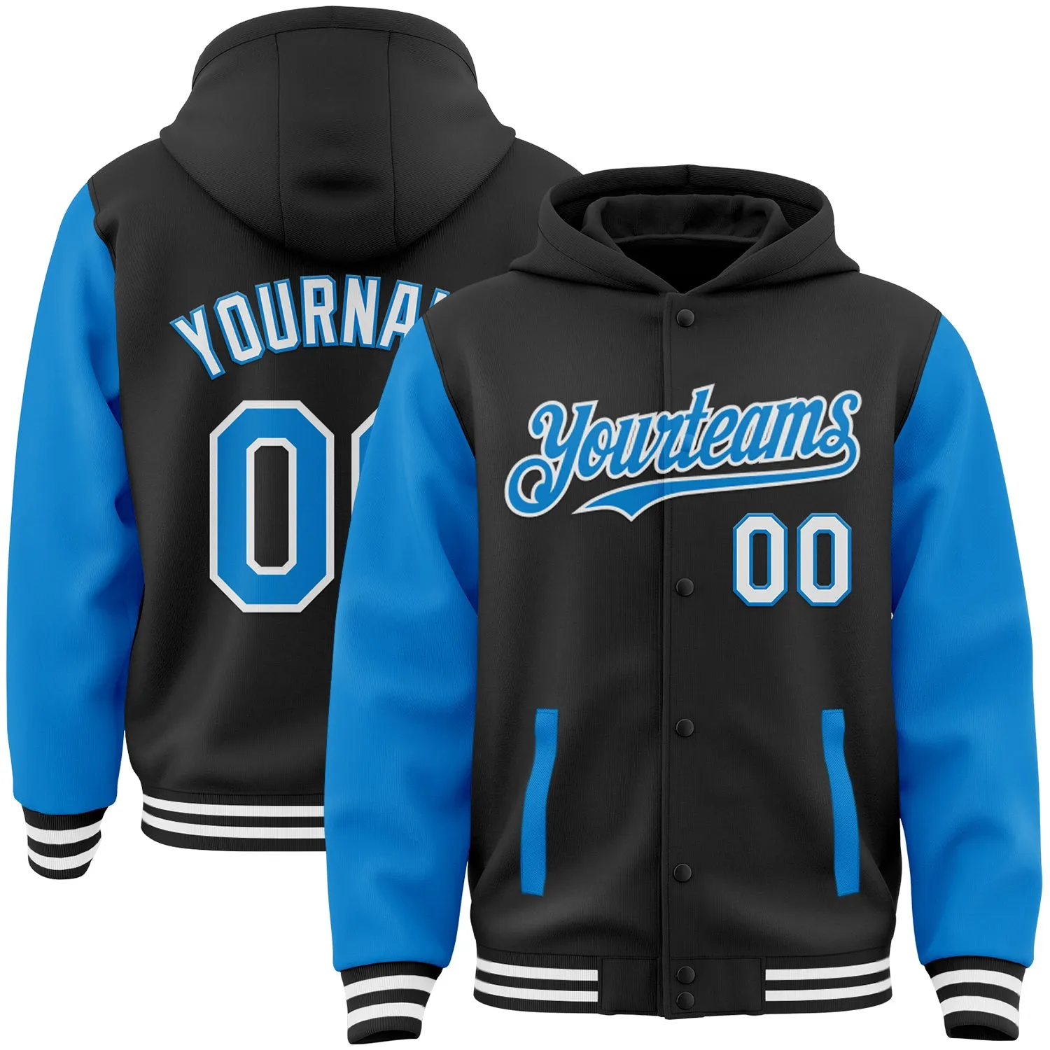 Custom Black Powder Blue-White Bomber Full-Snap Varsity Letterman Two Tone Hoodie Jacket