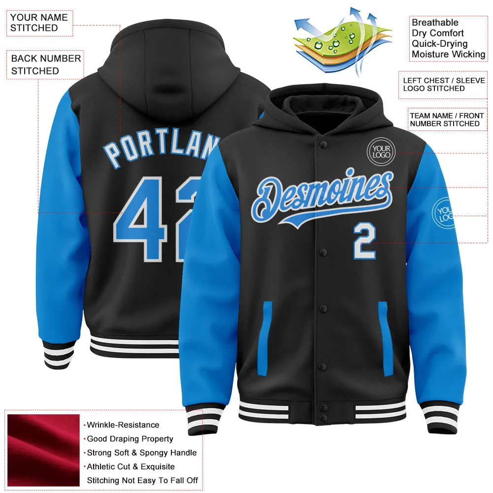 Custom Black Powder Blue-White Bomber Full-Snap Varsity Letterman Two Tone Hoodie Jacket