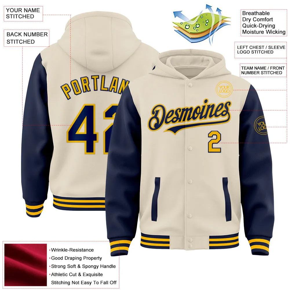 Custom Cream Navy-Gold Bomber Full-Snap Varsity Letterman Two Tone Hoodie Jacket