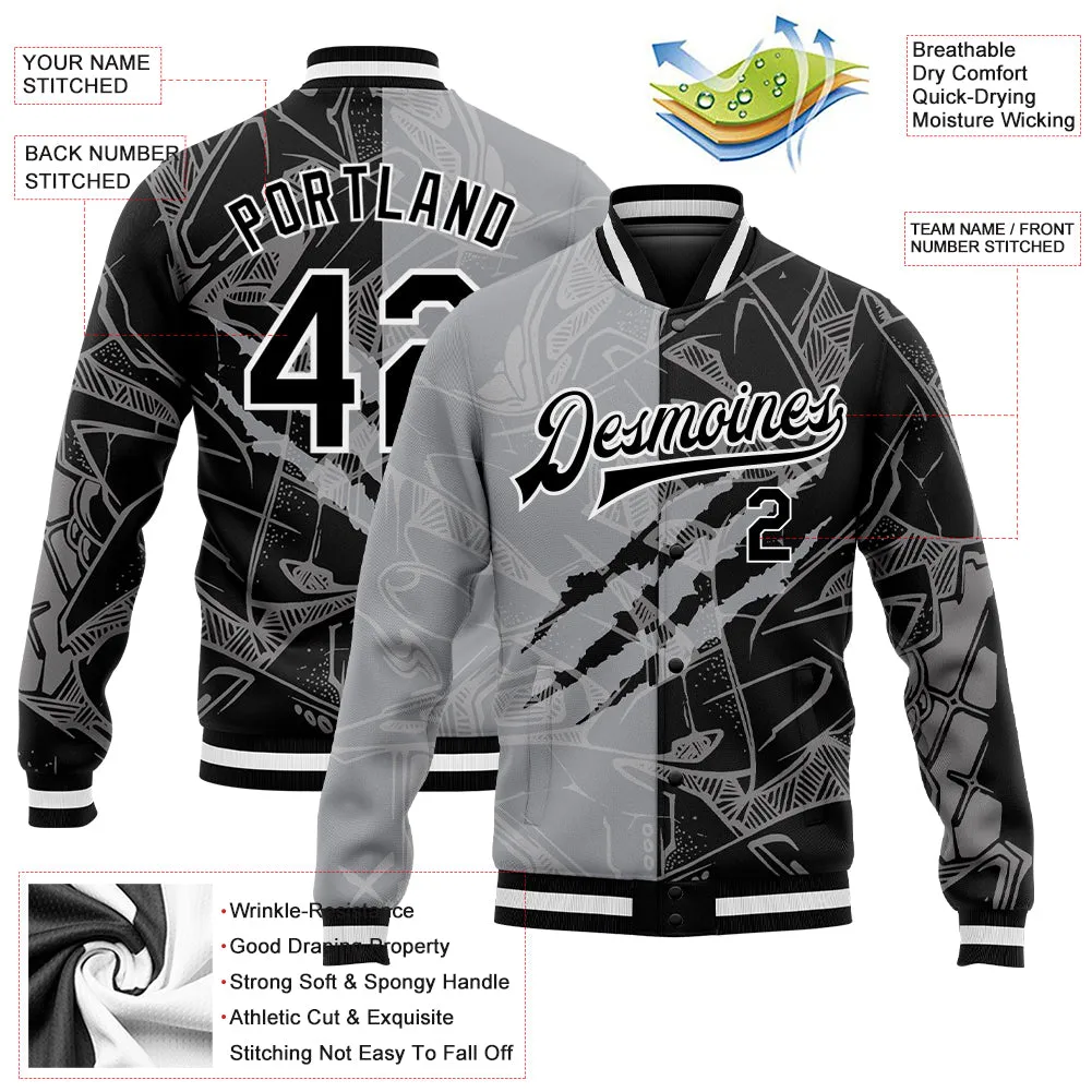 Custom Graffiti Pattern Black-Gray Scratch 3D Bomber Full-Snap Varsity Letterman Jacket