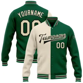 Custom Kelly Green Cream-Black Bomber Full-Snap Varsity Letterman Split Fashion Jacket