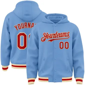 Custom Light Blue Red-Cream Bomber Full-Snap Varsity Letterman Hoodie Jacket