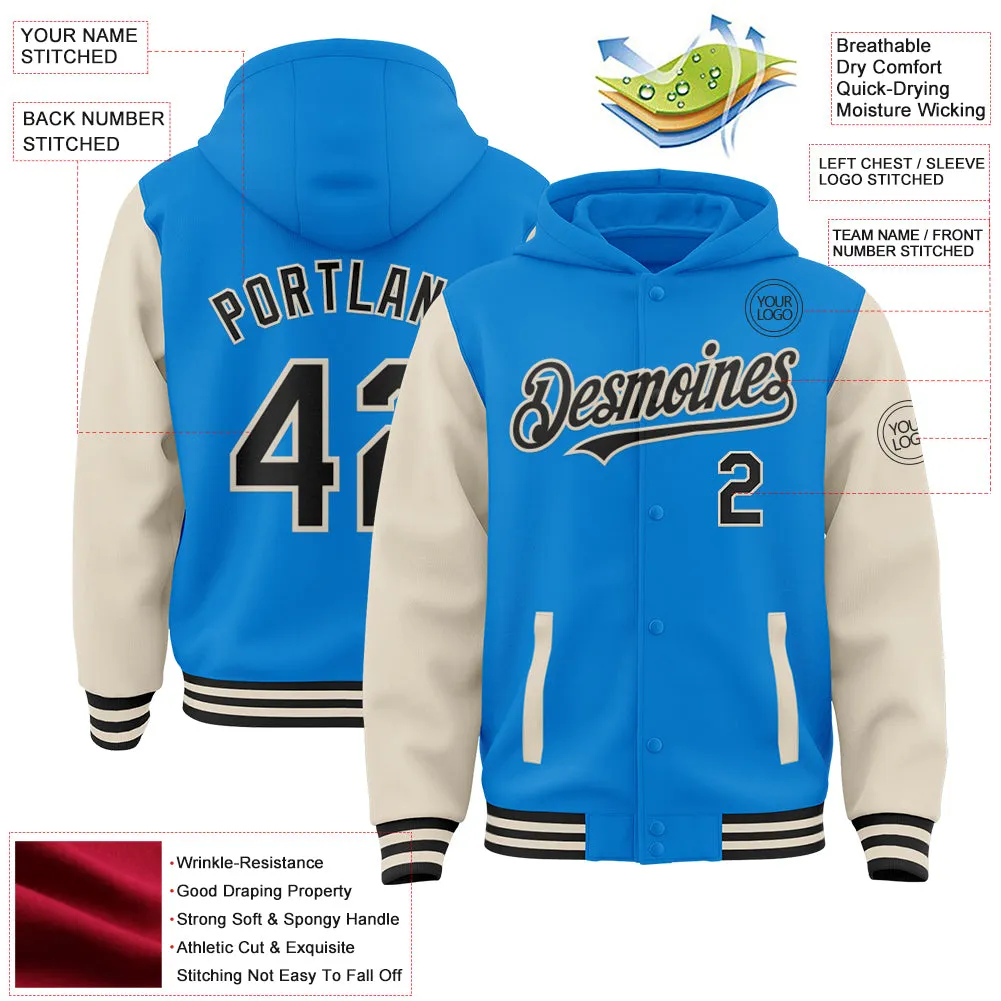 Custom Powder Blue Black-Cream Bomber Full-Snap Varsity Letterman Two Tone Hoodie Jacket