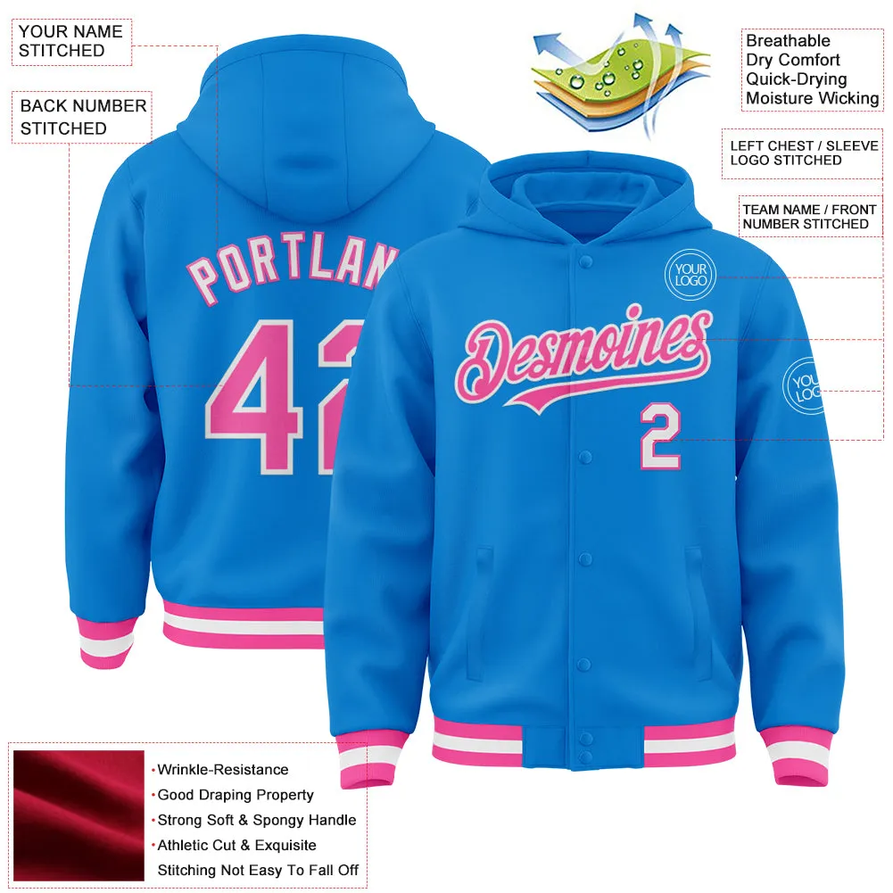 Custom Powder Blue Pink-White Bomber Full-Snap Varsity Letterman Hoodie Jacket