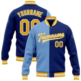 Custom Royal Gold-Light Blue Bomber Full-Snap Varsity Letterman Split Fashion Jacket