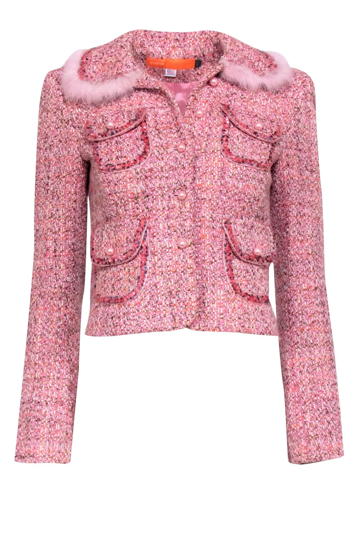 Cynthia Steffe - Pink Tweed Rabbit Fur Trim Blazer Sz XS