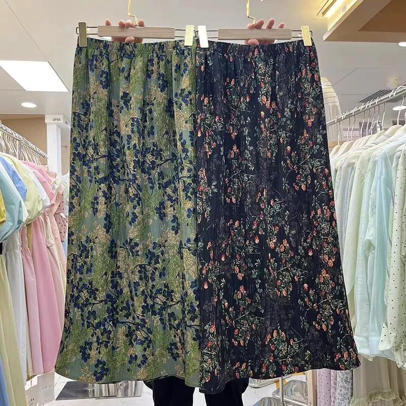 Darianrojas grunge outfits French Style Retro Tight Loose Waist Floral Skirt Women's Summer New Small High Waist Drape Pleated Split A- line Skirt