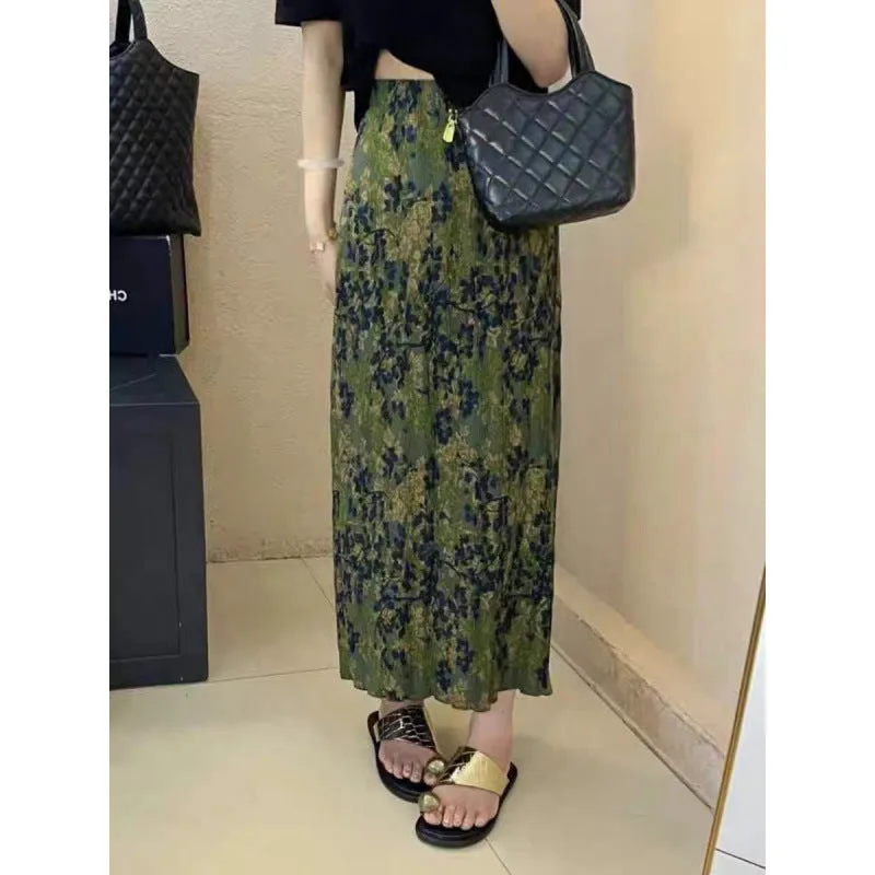 Darianrojas grunge outfits French Style Retro Tight Loose Waist Floral Skirt Women's Summer New Small High Waist Drape Pleated Split A- line Skirt