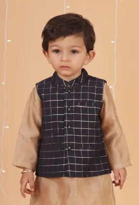 Dark Blue Check Chanderi Nehru Jacket