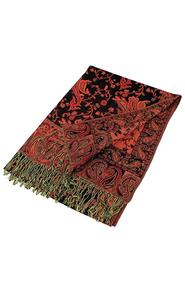 DB023-05 Red Black Paisley Print Pashmina Scarf