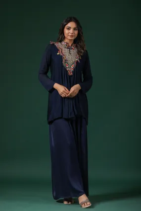 Deep Blue Embroidered Premium Silk Co-Ord Set