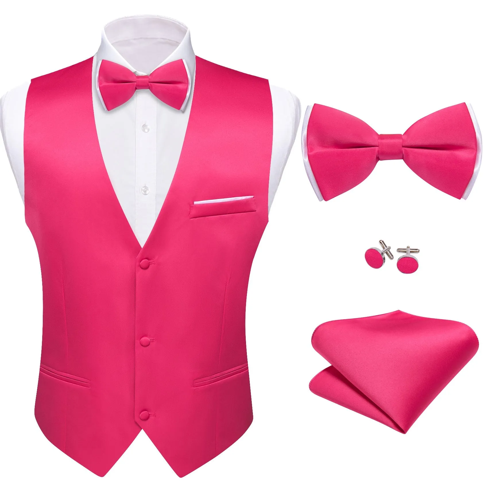 DeepPink Solid Silk Men's Vest Bow Tie Set Waistcoat Suit Set