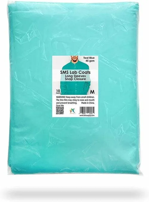 Disposable Gowns Medical Lab Coats Medium. Pack of 10 Teal Adult