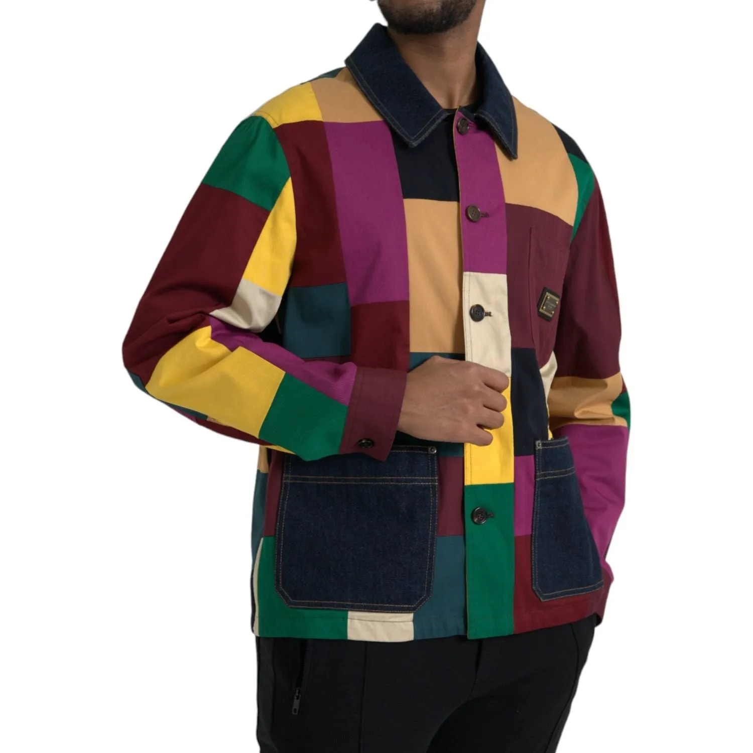 Dolce & Gabbana Multicolor Patchwork Cotton Collared Jacket