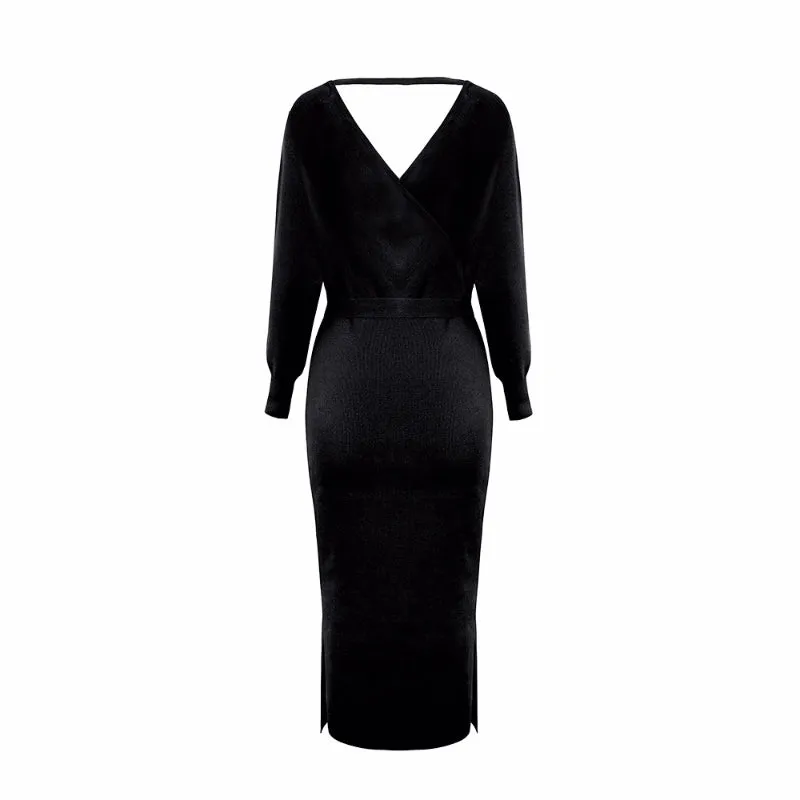 Elegant Sweater Dress with Belt Batwing Sleeve Midi Dress in Black