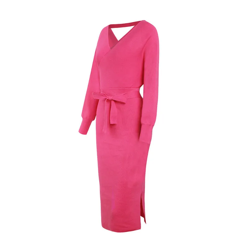 Elegant Sweater Dress with Belt Batwing Sleeve Midi Dress in Hot Pink