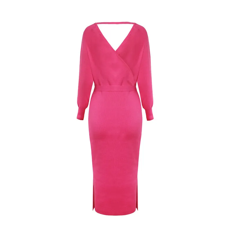 Elegant Sweater Dress with Belt Batwing Sleeve Midi Dress in Hot Pink