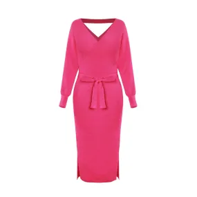 Elegant Sweater Dress with Belt Batwing Sleeve Midi Dress in Hot Pink