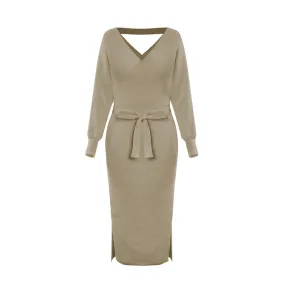 Elegant Sweater Dress with Belt Batwing Sleeve Midi Dress in Kakhi