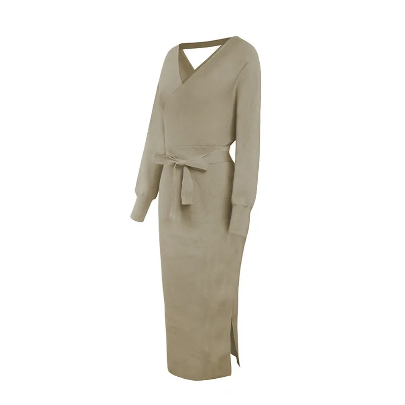 Elegant Sweater Dress with Belt Batwing Sleeve Midi Dress in Kakhi