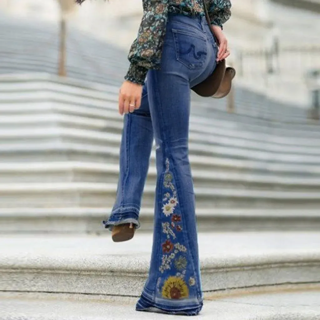 Embroidered Stretchy Bell-bottoms Jeans